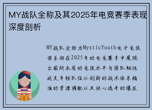 MY战队全称及其2025年电竞赛季表现深度剖析