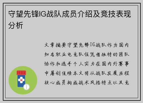 守望先锋IG战队成员介绍及竞技表现分析